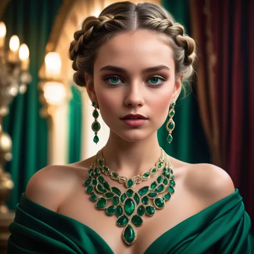 Prompt: Draped in a luxurious emerald gown that accentuates her graceful figure, a young woman captivates with striking features and a regal aura. Her elaborately braided hair,  subtle makeup enhancing her flawless complexion. An array of ornate jewelry—including a bold statement necklace and elegant earrings—draws attention and enhances her opulent appearance against a backdrop of rich, dramatic curtains and softly lit chandeliers, evoking a lavish, timeless atmosphere. The overall composition radiates elegance and sophistication, suggesting a narrative of grace and beauty in a refined setting.