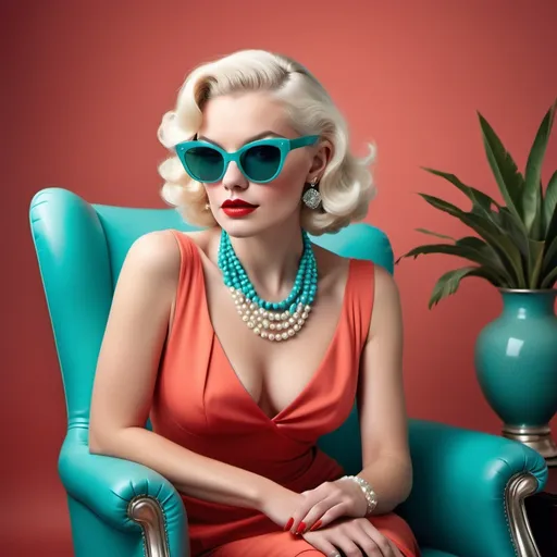 Prompt: Seated elegantly in a vibrant coral armchair, a glamorous woman radiates vintage charm with her platinum blonde hair styled in soft waves, framed by striking turquoise cat-eye sunglasses. Her bold red lips and flawless complexion are complemented by a lavish necklace of pearls that nestles against her decolletage, exuding an air of sophistication. The background features a rich teal hue, enhancing the overall color palette and creating a striking contrast that highlights her fashion-forward attire. The scene encapsulates a bold sense of style and confidence, evoking a timeless aesthetic reminiscent of classic Hollywood glamour.