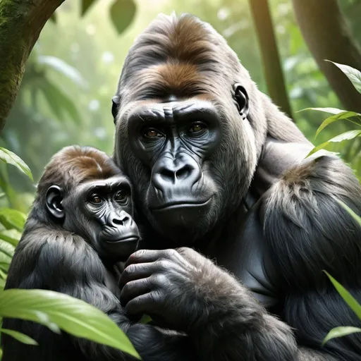 Prompt: Loving, Affectionate Mother Gorilla, realistic 3D rendering, lush jungle backdrop, gentle expression, nurturing gaze, detailed fur with soft highlights, highres, realistic, lush green tones, warm natural lighting