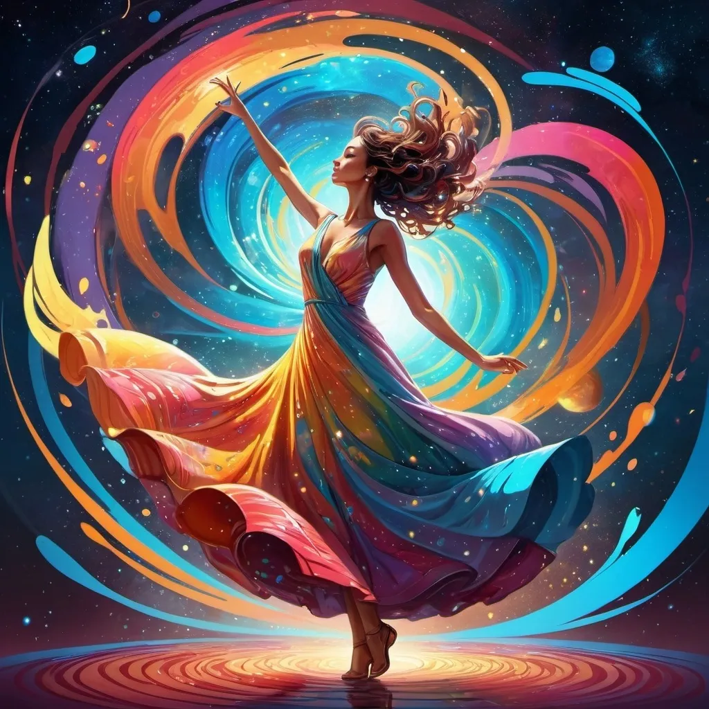 Prompt: a woman in a colorful dress is dancing in the air with her arms outstretched in the air and a colorful swirl around her, Cyril Rolando, space art, highly detailed digital painting, an ultrafine detailed painting