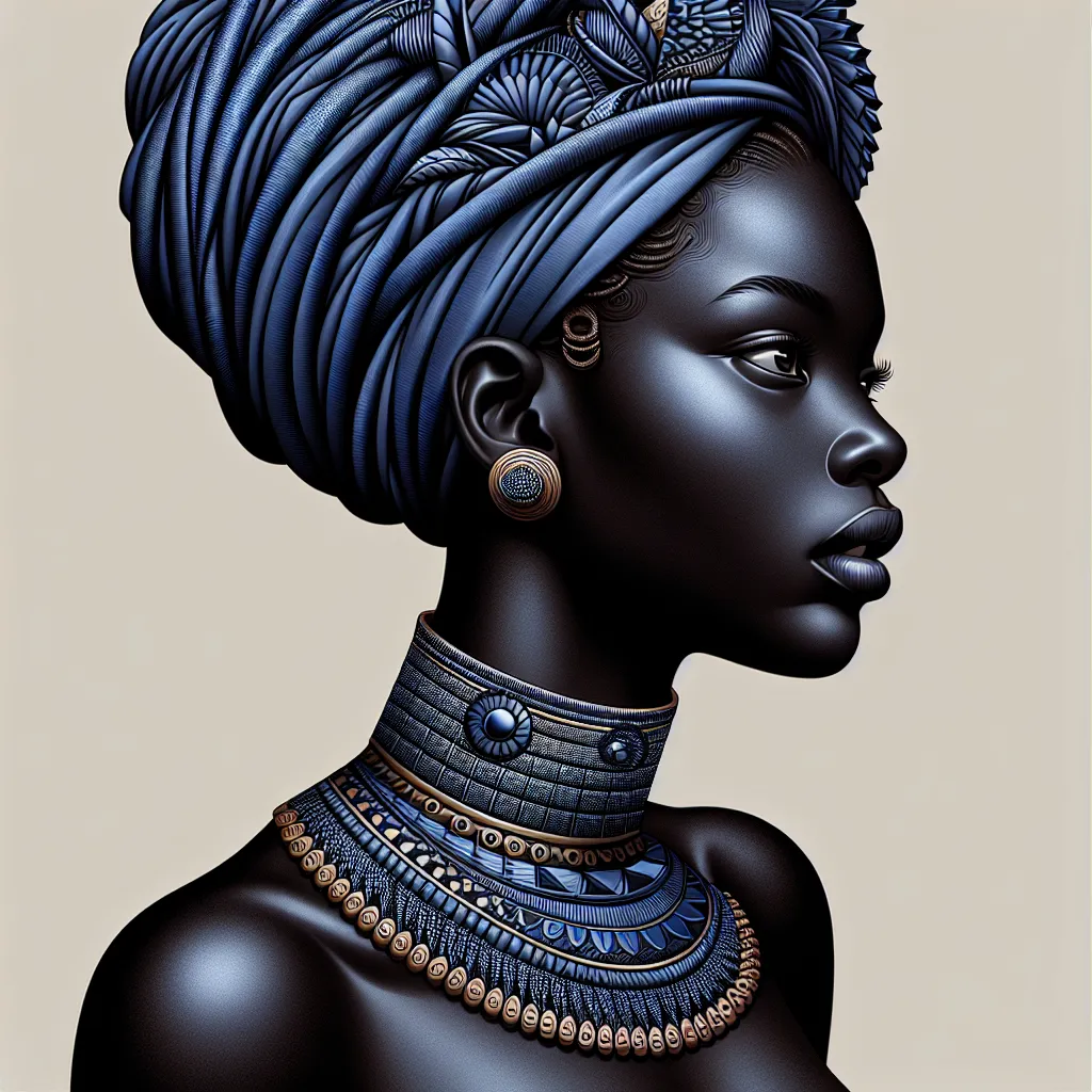 Prompt: <mymodel> a woman with a blue turban and a necklace on her neck and a necklace on her neck, Chinwe Chukwuogo-Roy, black arts movement, highly detailed digital painting, a digital painting