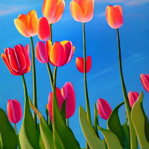 Prompt: Painting of tulips in sunlight light blue sky