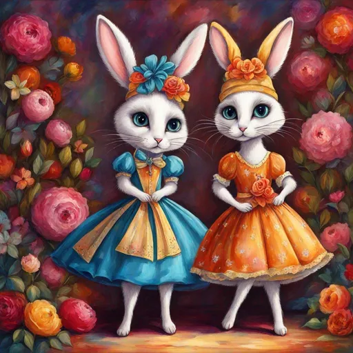 Prompt: <mymodel>Funny illustration of a anthropomorphic rabbit and cat in beautiful dresses , Tim Burton style eyes, bright and colorful, whimsical bright colorful background, comical expressions, high quality, detailed fur, playful, cartoonish, vibrant colors, imaginative lighting