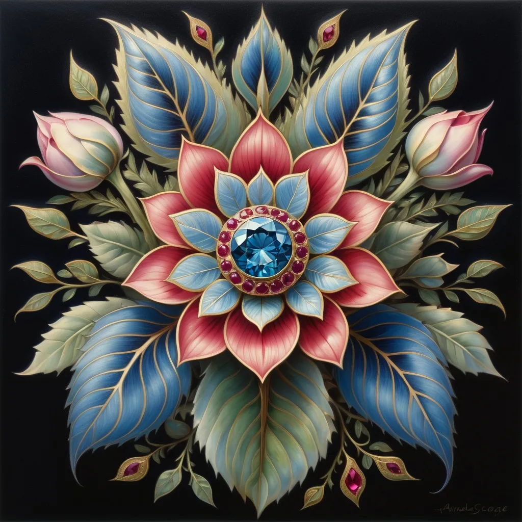 Prompt: a painting of a flower with leaves and a ruby stone in the center of the flower is a blue diamond, Amanda Sage, cloisonnism, in gouache detailed paintings, an airbrush painting