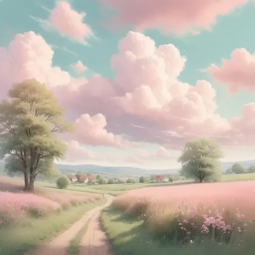 Prompt: Pastel-themed digital painting of a serene countryside, soft color palette, dreamy atmosphere, whimsical clouds, peaceful and tranquil setting, best quality, digital painting, pastel tones, serene, dreamy, countryside, peaceful, soft color palette, tranquil, whimsical clouds, highres, ultra-detailed, atmospheric lighting