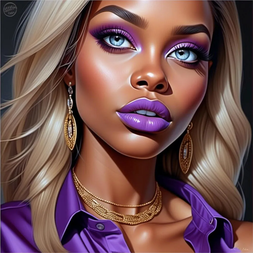 Prompt: a woman with purple lipstick and a purple shirt on her face and a necklace on her neck and a necklace on her neck, Artgerm, photorealism, realistic shaded perfect face, a photorealistic painting<mymodel>