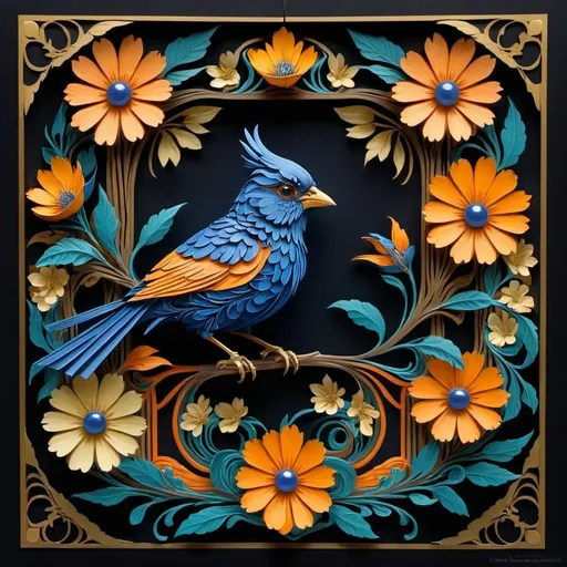 Prompt: a bird with a blue head and orange feathers sitting on a branch with flowers and leaves around it, on a dark background, Chris LaBrooy, art nouveau, highly detailed digital painting, an art deco painting