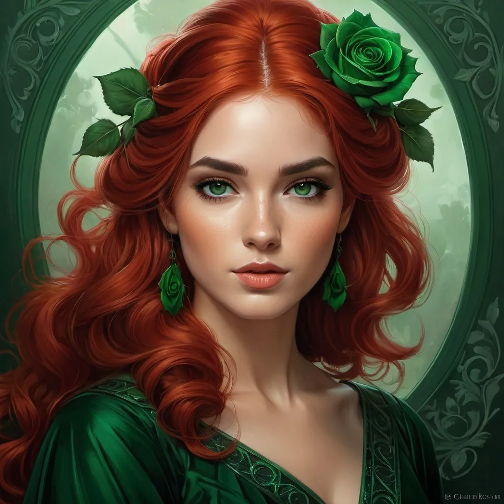 Prompt: <mymodel> a painting of a woman with red hair and a green dress with a rose in her hair and a green rose in her hair, Charlie Bowater, gothic art, highly detailed digital painting, a detailed painting