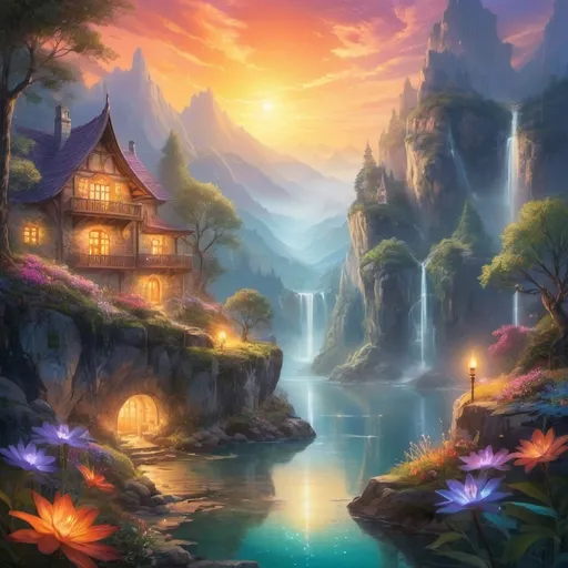 Prompt: (ethereal glow), luminous light radiating, soft illumination, vivid colors, warm ambient tones, magical atmosphere, serene background, enchanting landscapes, high detail, ultra-detailed, vibrant, dreamlike scenery, shimmering reflections, calming hues, captivating visual experience