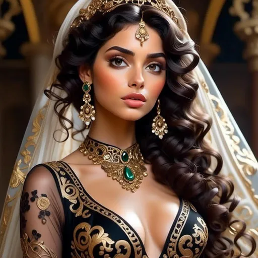 Prompt: <mymodel>woman beautiful dark haired woman , ornate clothes, elaborate jewels