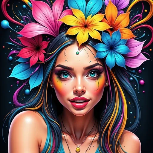 Prompt: a woman with flowers in her hair and a blue dress with a flower in her hair and a splash of water on her face, Artgerm, pop surrealism, tristan eaton, a pop art painting