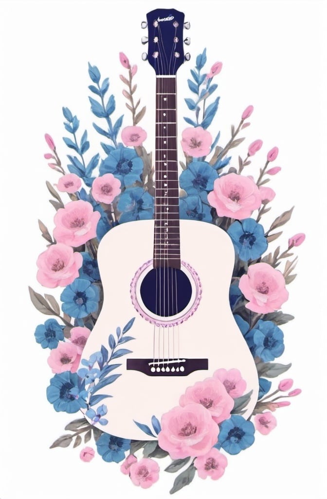 Prompt: A guitar surrounded by flowers, blue and pink color scheme