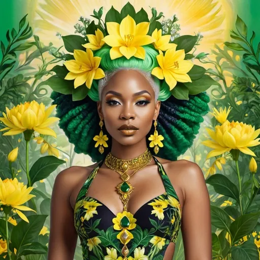 Prompt: <mymodel>In a majestic detailed floral the mystical Empress, a black woman with green and yellow hair, stands tall amidst vibrant flora, embodying divine grace and feminine power.