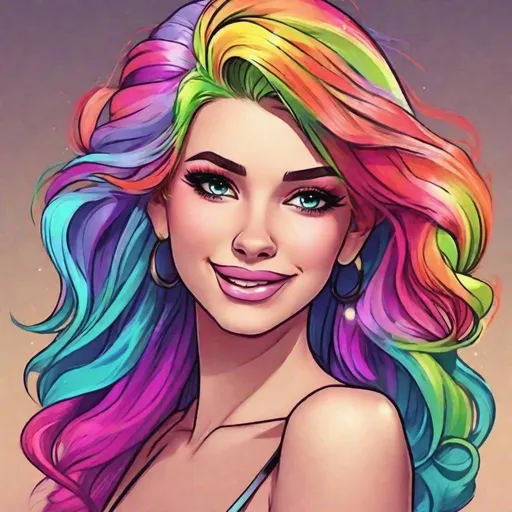 Prompt: pretty woman, rainbow hair, beautiful makeup,facial closeup, cartoon style