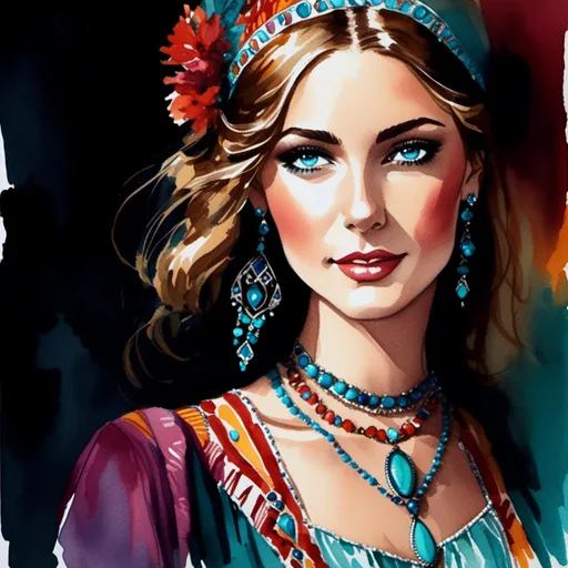 Prompt: <mymodel> Watercolor and pen sketch of a young woman in southwestern style, turquoise jewelry, flowing attire, intricate details, vibrant colors, high quality, southwest art, watercolor, pen sketch, detailed jewelry, flowing attire, vibrant colors, beautiful woman, high quality imagery, professional, atmospheric lighting