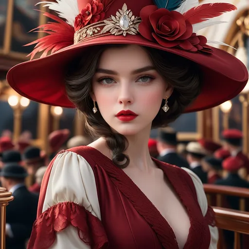 Prompt: <mymodel>fashionable 1st class  female passenger on the Titanic, pale skin, dark styled hair, large lips,  looking sad, facial closeup, vibrant colors, red dress and elaborate hat with feathers