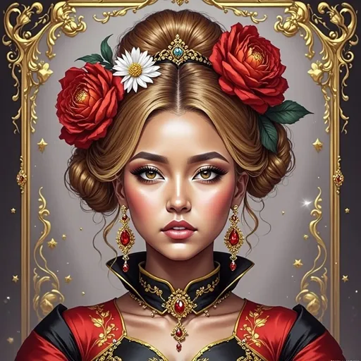 Prompt: a woman with red lipstick and gold jewelry on her face and eyes, with a red lip and gold necklace, Araceli Gilbert, neoclassicism, realistic shaded perfect face, a photorealistic painting