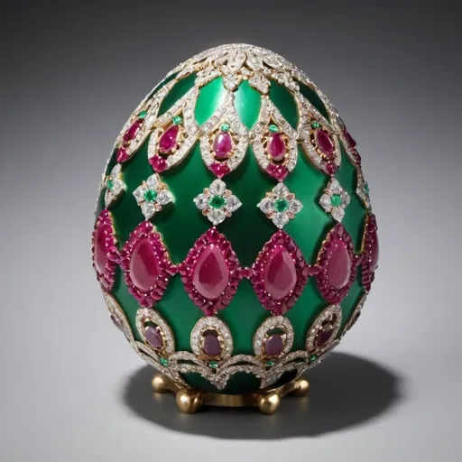 Prompt: Beautiful, jeweled Fabrege style Easter egg with emeralds, diamonds and rubies