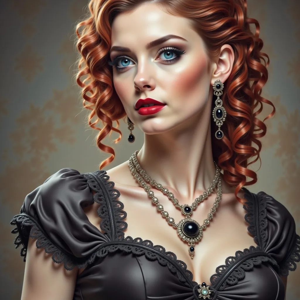 Prompt: a woman with red hair wearing a black dress and a necklace with a black bead around her neck, Artgerm, gothic art, highly detailed digital painting, a photorealistic painting