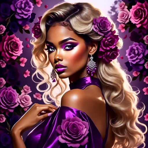 Prompt: <mymodel>Cosmic Epic Beauty, Beautiful and Gorgeous, purple roses in hair