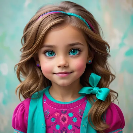 Prompt: Pretty six year old girl, light brown hair, colors of turquoise and magenta