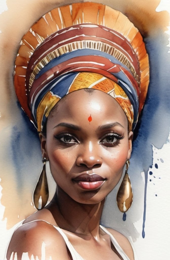 Prompt: <mymodel>  watercolor portrait, A beautiful African woman with headdress