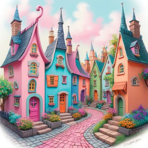 Prompt: Whimsical houses in vibrant hues of pink, green, blue, and orange line a charming cobblestone path that winds through a fantastical village, their unique, twisted rooftops adorned with playful spires and colorful details. Each building features inviting doors and windows, some framed by lush plants and flowers, evoking a sense of warmth and magic. Soft pastel skies provide a gentle backdrop, enhancing the lively colors of the structures and the verdant greenery around them. The scene feels enchanted and cheerful, inviting viewers to imagine stories of adventure and whimsy within this picturesque setting. The meticulous detailing of the architectural elements showcases a captivating artistic style that dances between reality and fantasy.