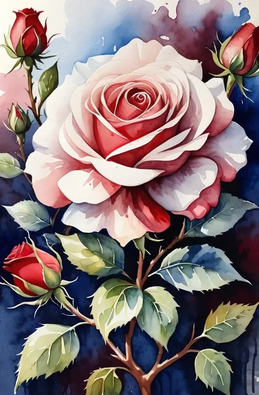 Prompt: watercolor,red, white and blue rose bush