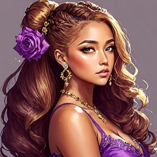 Prompt: <mymodel>Beautiful and Gorgeous woman, purple roses in hair