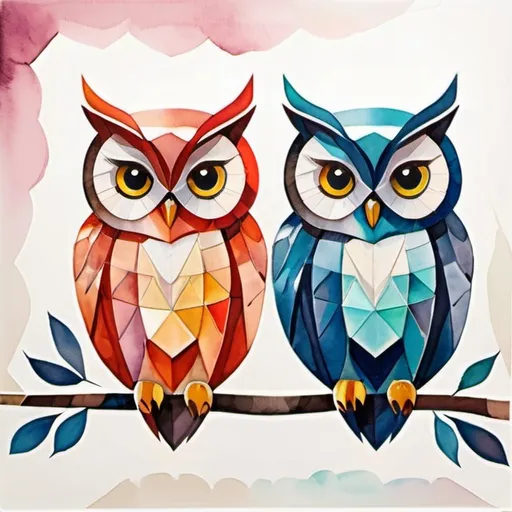 Prompt: owl in a watercolor painting cubism art style