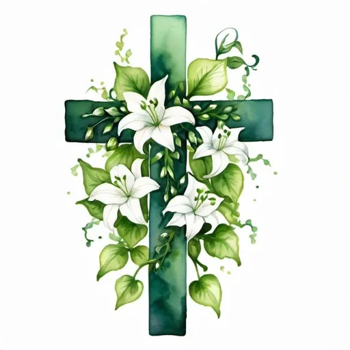 Prompt: water color  cross with green ivy and small white lilies 