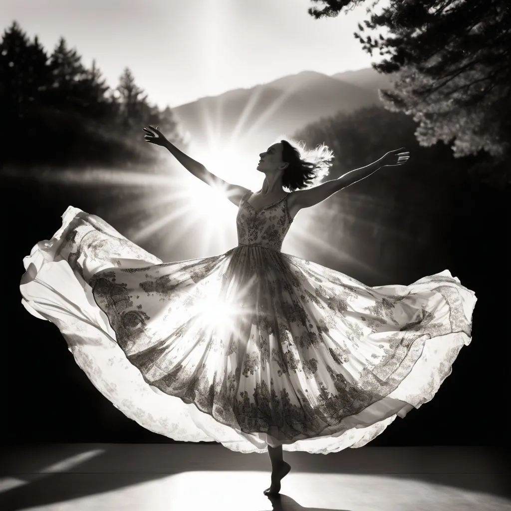 Prompt: a woman in a dress is dancing in the light of the sun with her arms outstretched in the air, Daphne McClure, arabesque, magical, a black and white photo