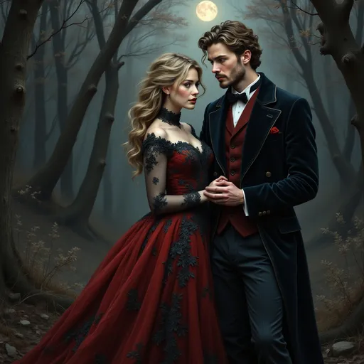 Prompt: In a hauntingly beautiful forest illuminated by a full moon, a young couple stands intimately close, exuding an aura of elegance and mystery. The woman, adorned in a striking crimson gown with intricate black lace detailing, looks ethereal, her porcelain skin contrasting against the dark backdrop of trees and fog. Her hair is styled in soft waves, complemented by a delicate lace choker that enhances her regal appearance. Beside her, the gentleman wears a classic black velvet coat with a deep red vest, his expression one of contemplative affection as he gently holds her hand. The misty forest setting, with its shadows and soft light, envelops them in a romantic, almost otherworldly atmosphere, suggesting a moment frozen in time between love and enigma.