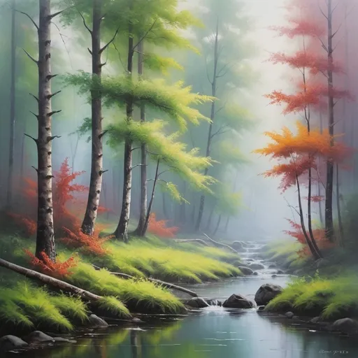 Prompt: <mymodel> Serene forest, oil painting, mist-covered trees, tranquil stream, vibrant and soothing colors, high quality, realistic, detailed foliage, peaceful atmosphere, soft natural lighting