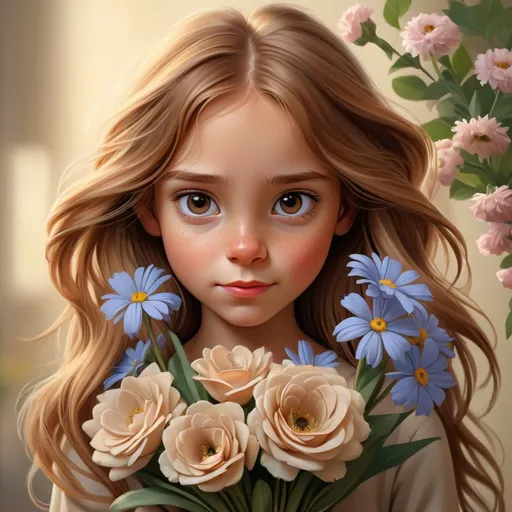 Prompt: Detailed realistic digital portrait of a young girl,  long light brown hair holding a bouquet of flowers