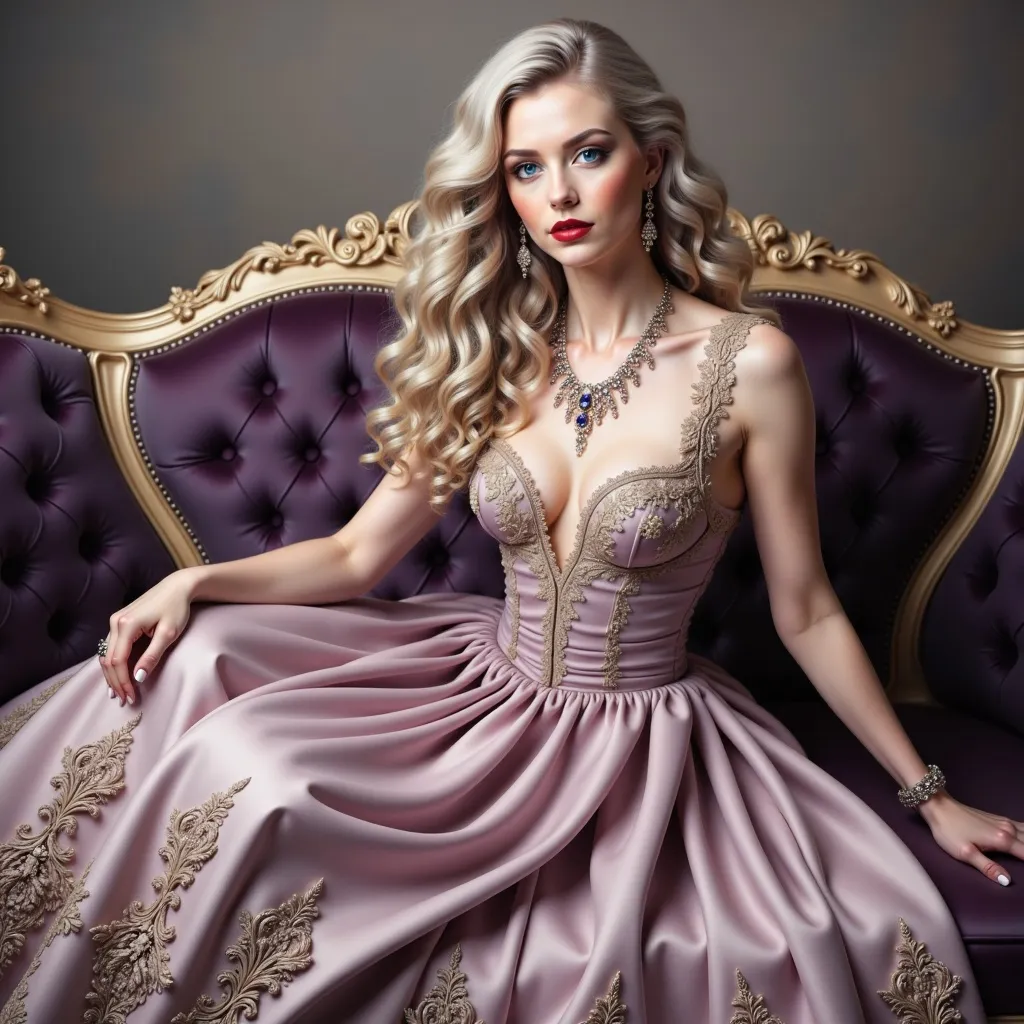 Prompt: A stunning young woman exudes elegance as she reclines gracefully against a richly upholstered purple sofa, her long, lustrous hair cascading in soft waves that frame her delicate features. Adorned in a luxurious gown of soft lilac adorned with intricate golden embroidery, she radiates a regal aura, enhanced by exquisite jewelry that glistens subtly against her skin. The ambiance is sophisticated and serene, highlighted by softly diffused lighting that accentuates the textures of her dress and the plush fabric of the furniture. The combination of her poised expression and the lavish setting conveys a narrative of opulence and confidence, perfectly encapsulating a moment that feels both timeless and enchanting.