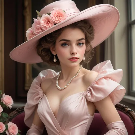 Prompt: Draped in an exquisite gown, a young woman captures attention with her elegance, accentuated by an oversized pink hat adorned with delicate flowers. Her striking features are framed by soft, styled hair, and she dons elegant pearl necklaces that enhance her sophisticated look. The setting exudes vintage charm, characterized by rich textures and deep colors, suggesting an opulent indoor environment. Soft, warm lighting highlights her skin and the luxurious materials of her attire, creating a refined atmosphere. This scene conveys a blend of grace and fashion, evoking a sense of timeless beauty and social elegance.