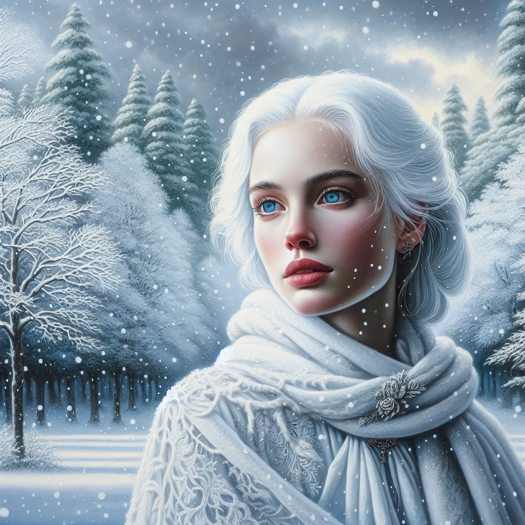 Prompt: a woman with blue eyes and white hair in the snow with trees in the background and snow on the ground, Elina Karimova, rococo, white hair, a photorealistic painting