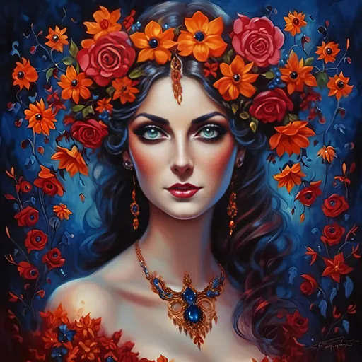 Prompt: <mymodel>Nataasha-Beautiful woman with flowers, oil painting, detailed fiery eyes, ethereal glow, dark and mysterious, high quality, vibrant colors, surreal, haunting, intricate floral details, intense gaze, mystical atmosphere, oil painting, demon, hybrid, fiery eyes, ethereal, vibrant colors, surreal, haunting, floral details, intense gaze, mystical atmosphere