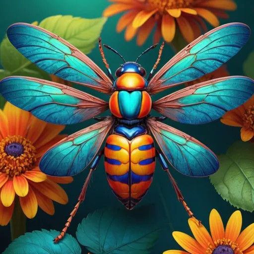 Prompt: Colorful insects in vibrant natural surroundings, digital illustration, intricate wings, vivid colors, macro details, high definition, digital art, vibrant color palette, detailed patterns, realistic, natural lighting