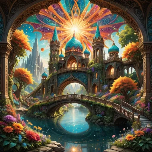 Prompt: A vibrant fantasy landscape bursts with color and intricate detail, dominated by two majestic towers adorned with swirling patterns and topped with ornate, turquoise domes that reach toward a radiant sunburst at the center. Below, an elegantly arched bridge crosses a shimmering body of water, reflecting the kaleidoscope of hues from the surrounding floral arrangements. Lush vegetation frames the scene, with bright pink and blue flowers blooming amid rich greens, adding to the enchanting atmosphere. The backdrop features towering mountains under a serene sky, creating a harmonious blend of natural beauty and fantastical architecture, evoking a sense of wonder and magic infused with light.
