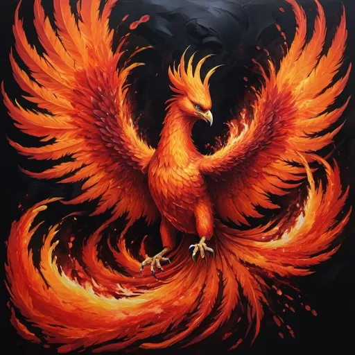 Prompt: Vibrant, high-contrast painting of a fiery phoenix, bold red and orange hues, dynamic and fierce energy, swirling flames and feathers, 4k, ultra-detailed, abstract, intense red, dramatic lighting, passionate