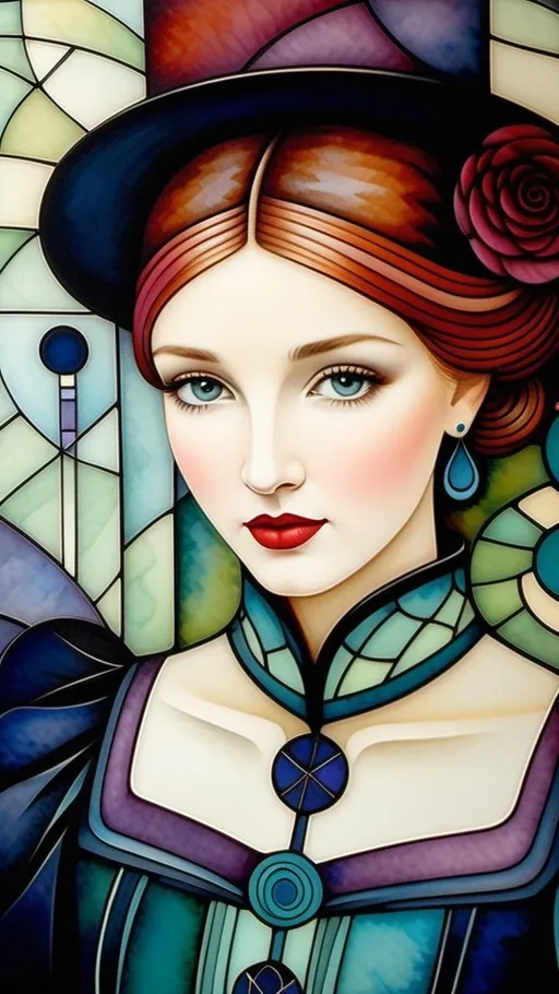 Prompt: Abstract encaustic texture, gradient inking colors, Jessica Galbreth, Irmgard Schoendorf Welch, Javier Mariscal, Charles Rennie Mackintosh, Lee Mullican style, a beautiful whimsical young woman, wonderland, decoupage.