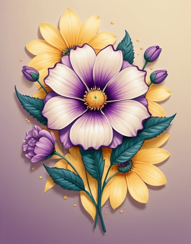 Prompt: Large beautiful purple flower, hyperrealistic, facing front with smaller flowers surrounding, 2d, clipart. illustration done in pen, on a creamy yellow background