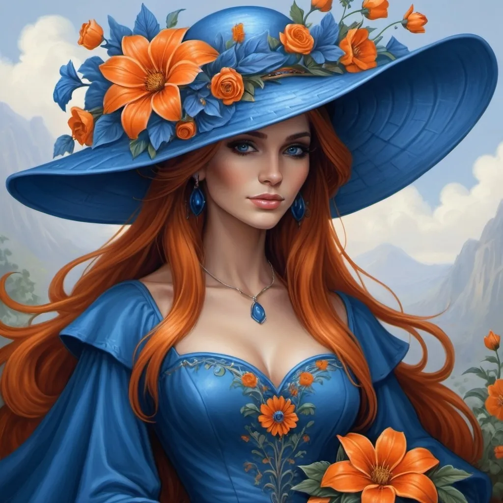 Prompt: a painting of a woman wearing a large  blue hat with  orange flowers on it and a blue dress, Anne Stokes, fantasy art, highly detailed digital painting, a fine art painting