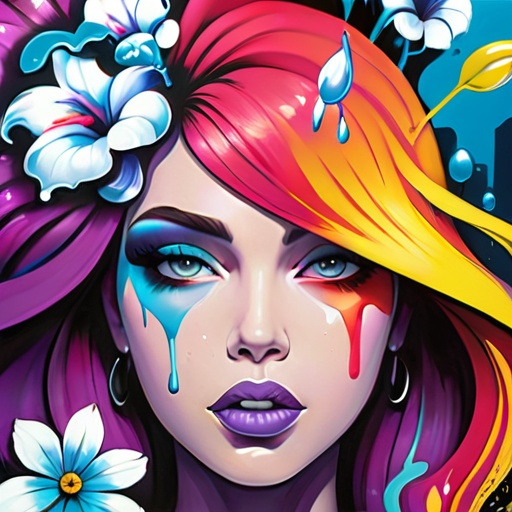 Prompt: Flower Siren graffiti art, splash art, street art, spray paint, oil gouache melting, acrylic, high contrast, colorful polychromatic, ultra detailed, ultra quality, CGSociety