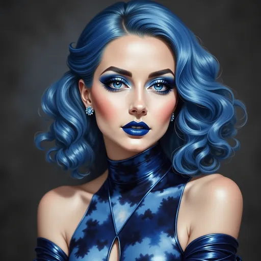 Prompt: a woman with blue hair and blue makeup is posing for a picture, art deco, blue, a photorealistic painting