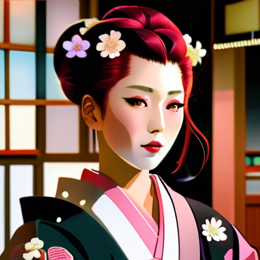 Prompt: A  beautiful Japanese woman wearing a mauve kimono with flowers in her hair