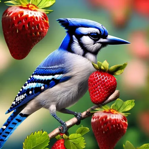 Prompt: a bluejay sitting on a blooming strawberry bush, flowers, blue background