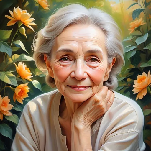 Prompt: <mymodel>Beautiful elderly woman, oil painting, serene garden setting, graceful posture, soft and warm lighting, vibrant colors, detailed wrinkles, gentle smile, high quality, oil painting, serene, graceful, vibrant colors, detailed, warm lighting, elderly, woman